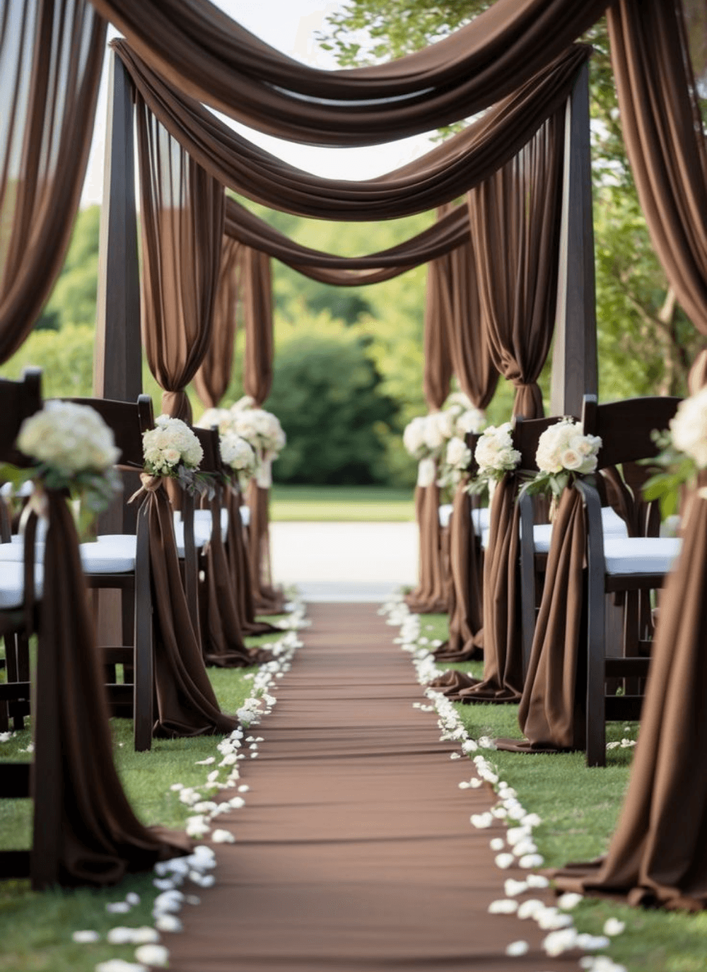 A ceremony aisle lined with white florals and framed by tall hanging drapes