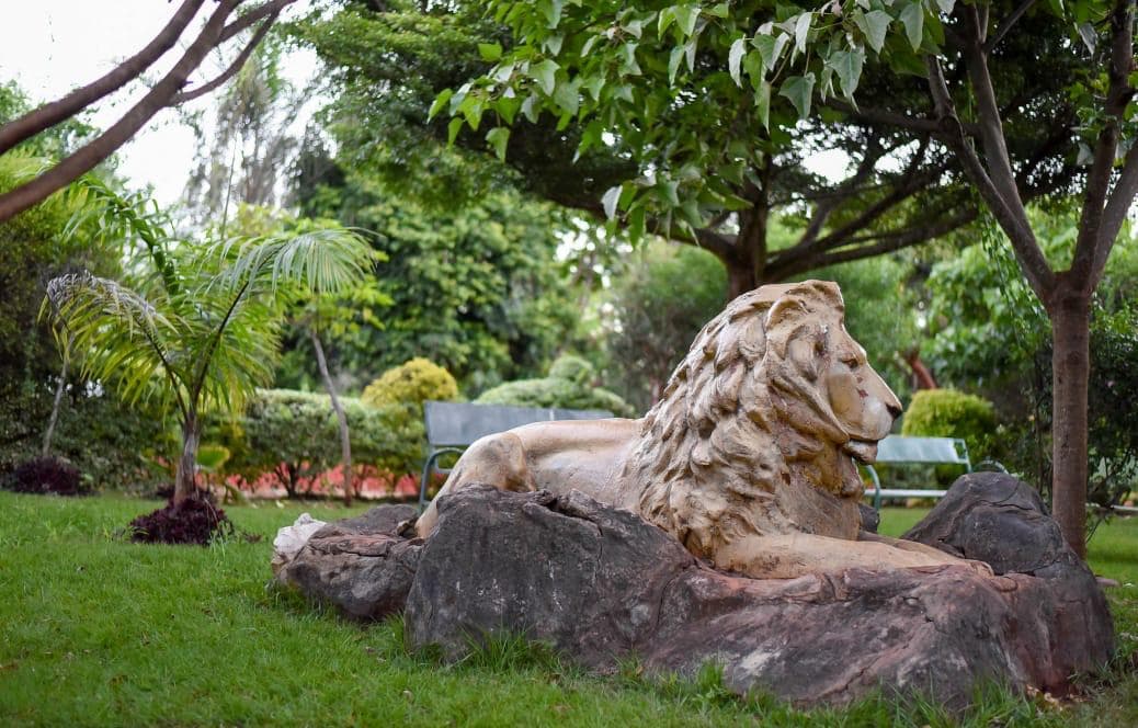 A stone lion sculpture resting on the lawn under the trees